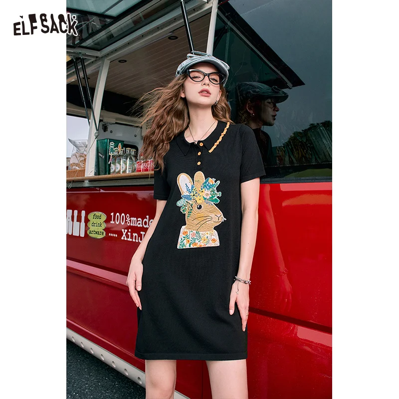 

ELFSACK 2024 Summer New Arrivals Polo collar cute rabbit print t-shirt dress for women