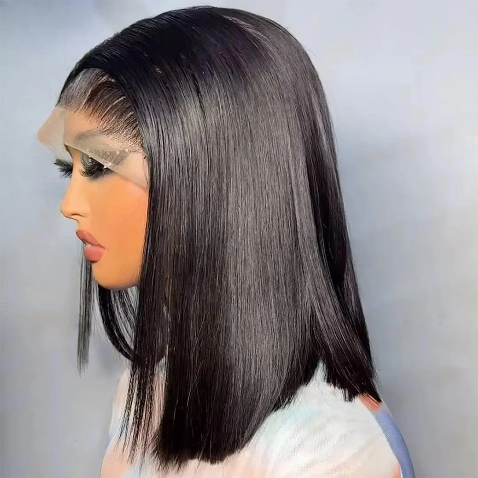 

Парик-боб с кружевной передней частью 13x4, 220% плотность, короткий, из 100% бразильских человеческих волос, идеально прямой, без клея, с предварительно выщипанной линией роста волос, HD кружевной фронтальный парик 4x4