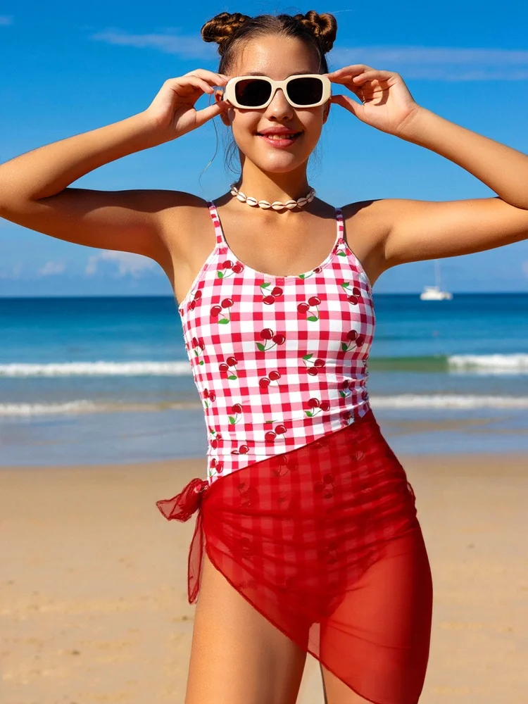 

One Piece Girls Kids Swimsuit 2026 New Red Cherry Sling Children Swimwear Summer Mesh Beach Cover Up Bathing Suit For Swimming