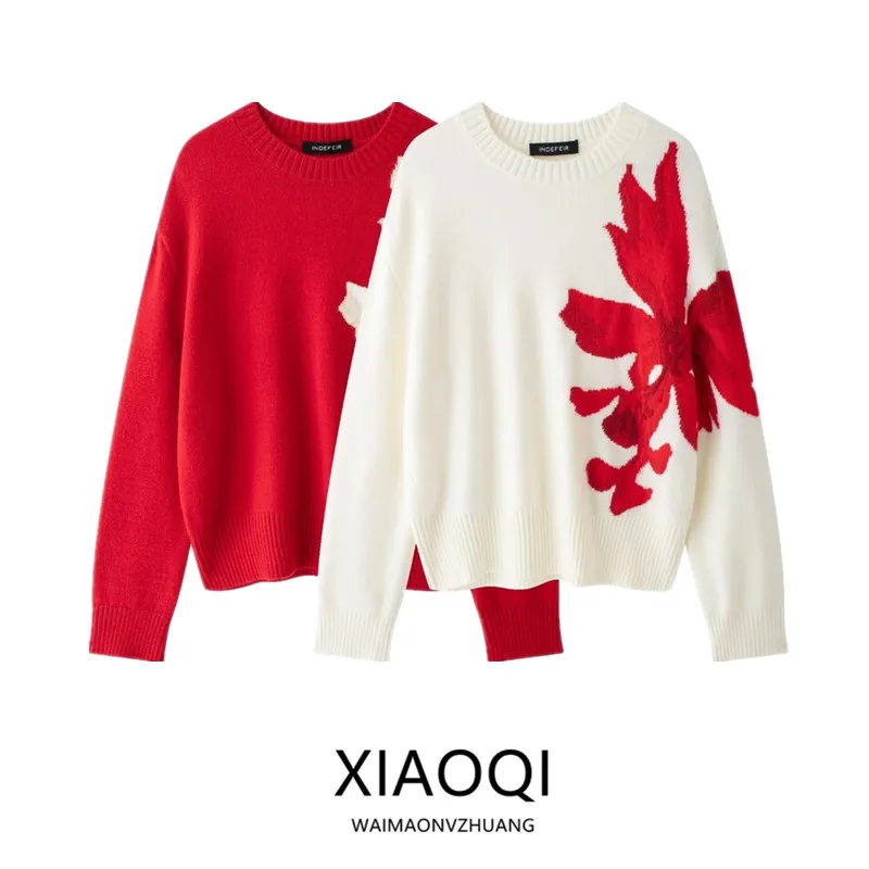 

Autumn Winter Women's Loose Versatile Gold Sc Flower Color Blo Knitted Sweater Embroidered Tassel Long Sve round Ne