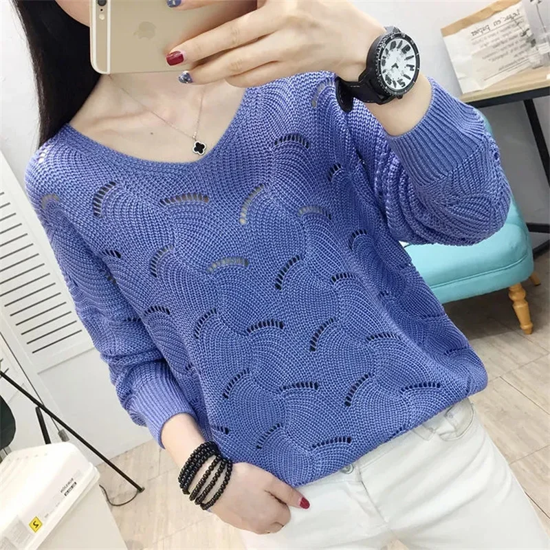 Autumn Winter V-neck Elegant Sweet Knitting Hollow Out Top Women Solid Casual Sweater Ladies Korean Style All-match Pullover2024