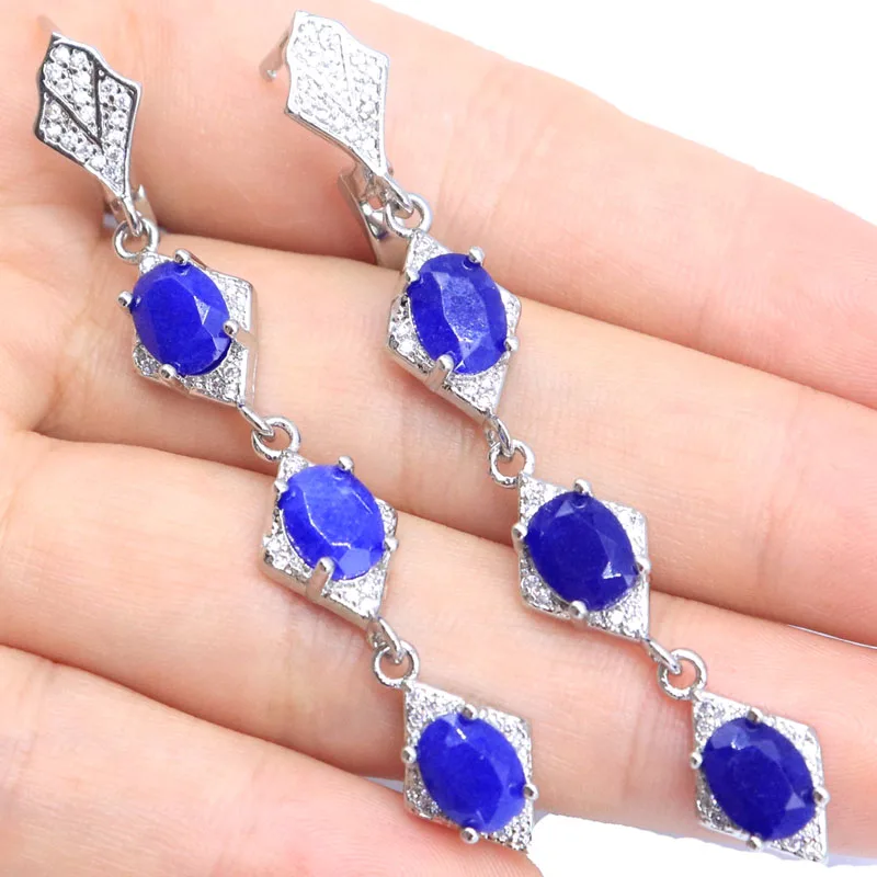 

Buy 4 Get 1 Free 65x9mm Pretty Real Blue Sapphire White CZ Females Engagement Silver Earrings