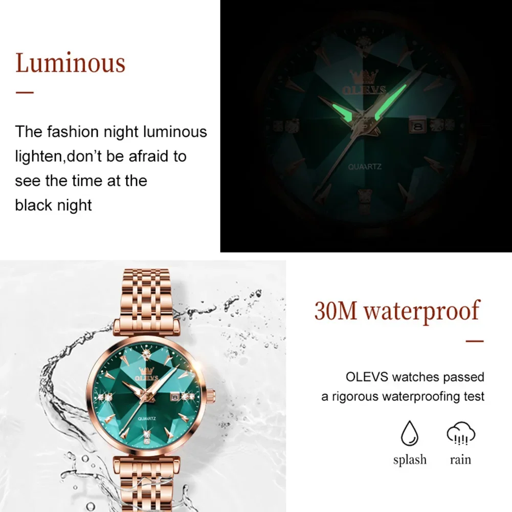 OLEVS 5536 Quartz Luxury Diamond-shapedWatch For Women, Stainless Steel Strap Waterproof Fashion Women Wristwatches Calendar