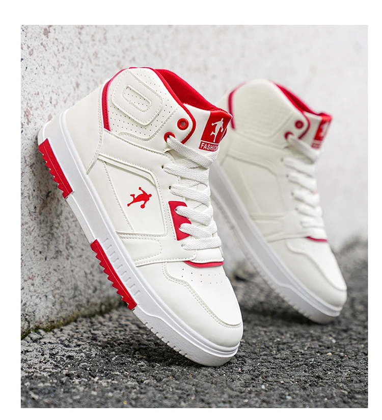 Klassische weiße High-Top-Sneaker für Herren, atmungsaktive Streetwear-Schuhe mit blauen und roten Akzenten – Detail 6