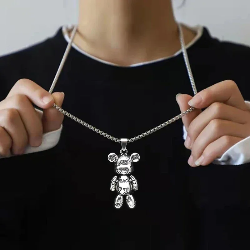 Movable Bear Pendant Necklace Hip Hop Men and Women Punk Couple Sweater Chain Female Bracelet Earring Jewelry Gifts Wholesale