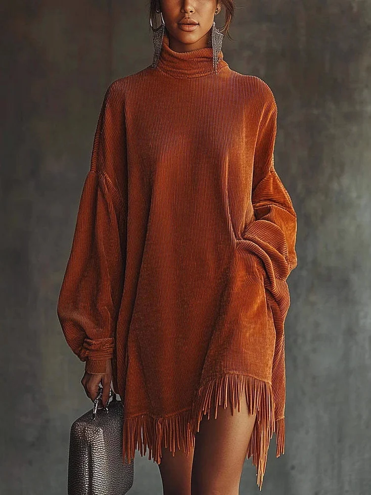 

Women Vintage Corduroy Tassel Casual Mini Dress Solid Crew Neck Long Sleeve Loose Temperament Dress Fashion Female Short Dresses
