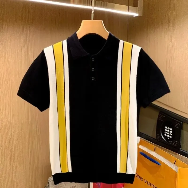 High Quality Knit Slim Polo Shirt Mens Vintage Striped Embroidery Knitted Tops Summer Casual Turn-down Collar Short Sleeve Polo