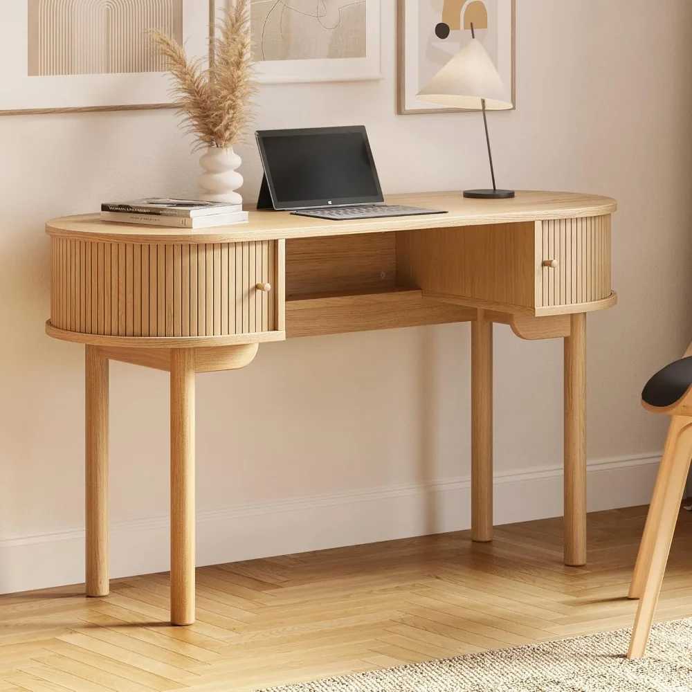

"narrow 51-inch wood desk: storage, sliding doors, and vanity for home office and makeup"