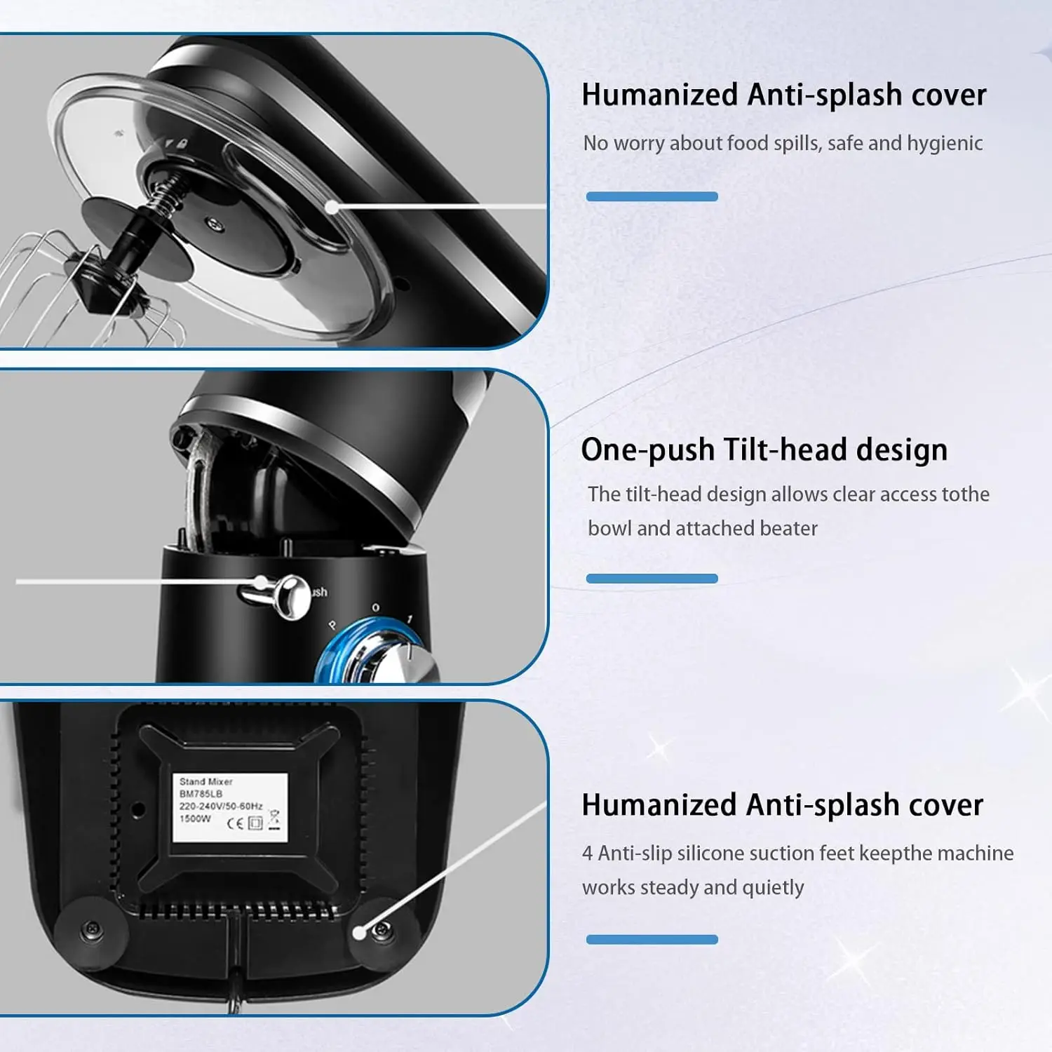 خلاط كهربائي عالي الطاقة 1200 وات 6 سرعات مع وعاء من الفولاذ المقاوم للصدأ برأس مائل للخبز والطبخ خلاط طعام المطبخ