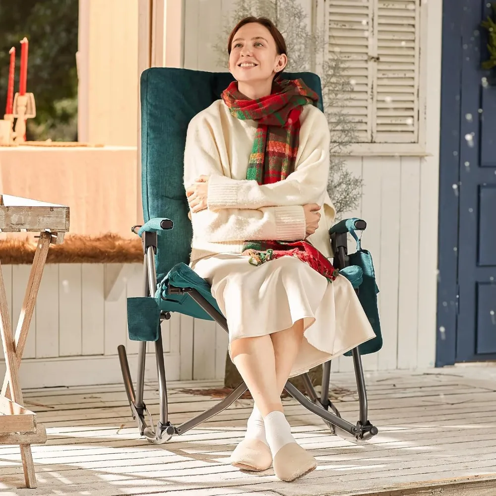 مجموعة كراسي هزاز مبطنة كبيرة الحجم محمولة مكونة من قطعتين للاستخدام في الهواء الطلق والفناء والتخييم، وكراسي هزازة شديدة التحمل قابلة للطي للحديقة