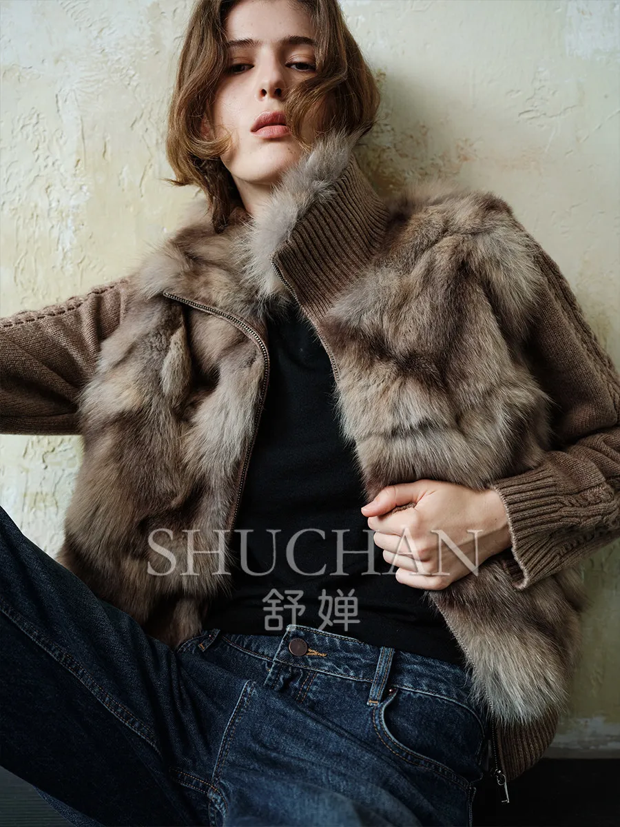 2026 autumn winter jacket women Finland imported fox hair knitted splicing light luxury lapel short fur jacket women Shu Gypsy