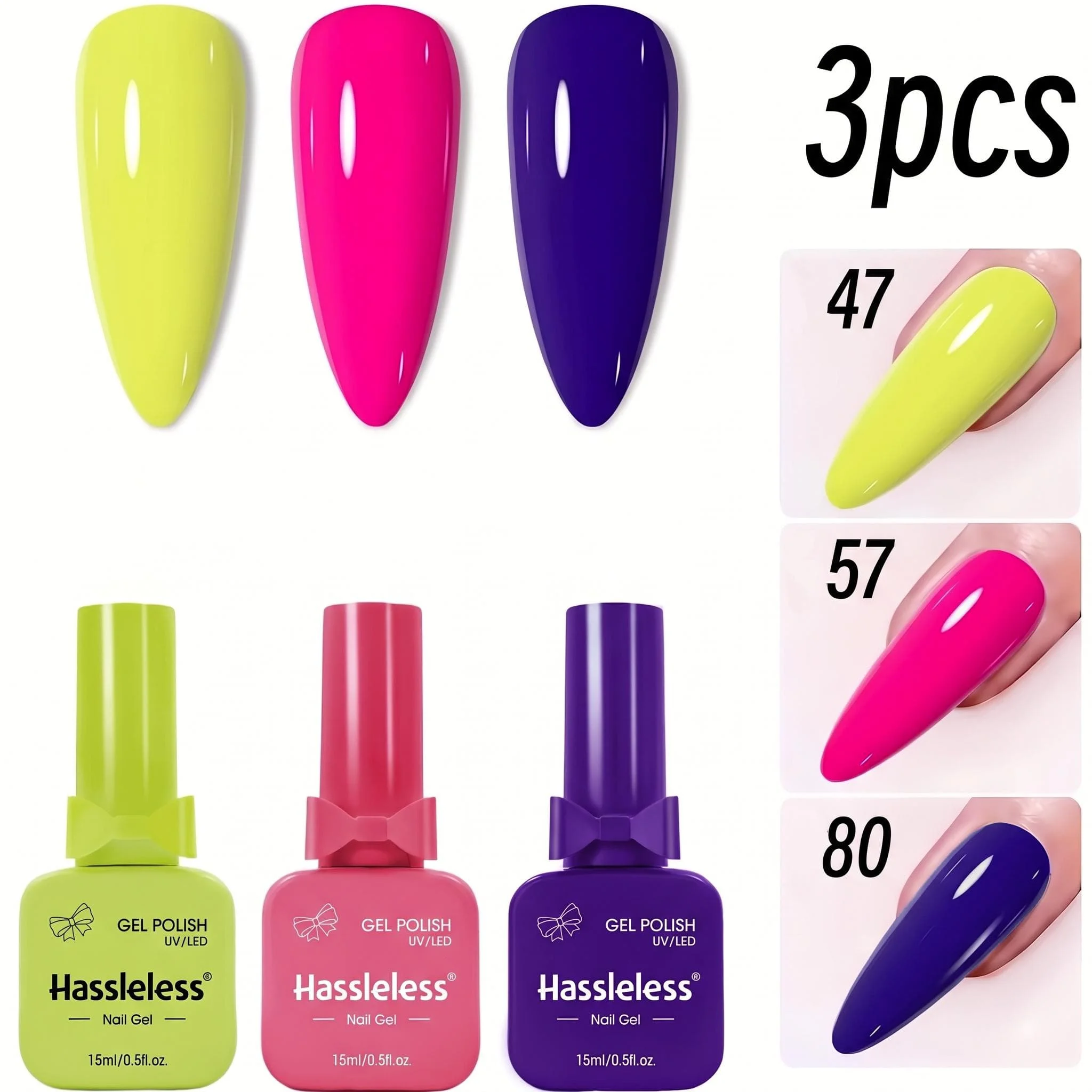 Hassleless Fluorescent Bright Color 3-Piece Gel Nail Polish Set 15ml High Saturation Solid Color Nail Polish Removable Long-Lasting Mirror Gloss Nail Polish Home Salon DIY Nail Art Set