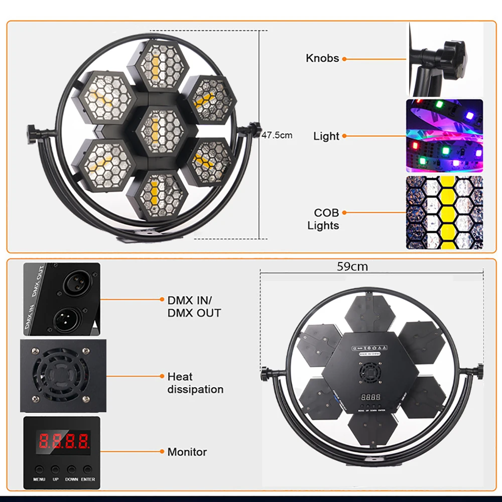 1PCS 200W 126RGBLED strip+Round COB/50W*7 golden LED pixel Background light blinder stage light DJ Disco LED circle retro lights