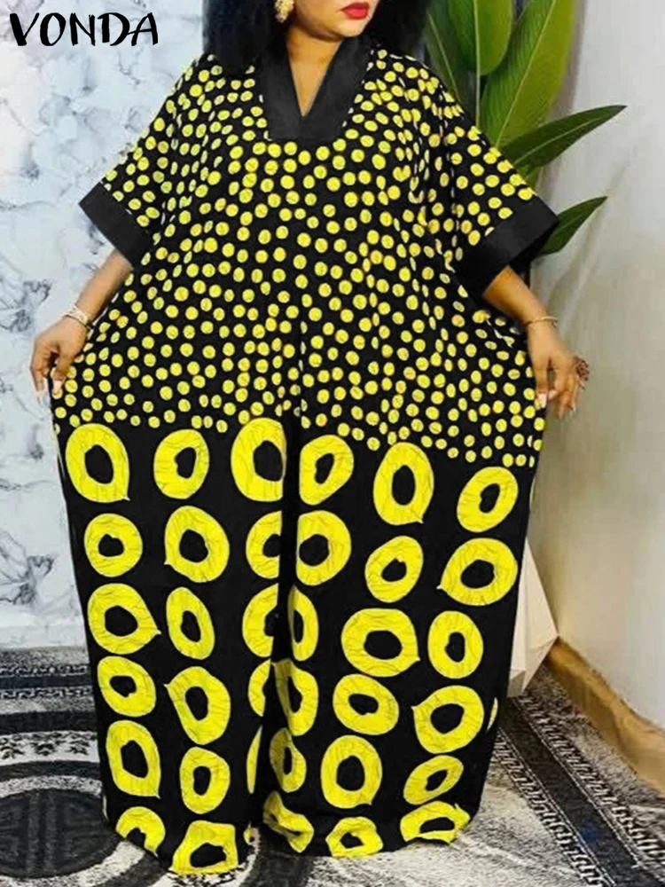 

VONDA Vintage Printing Dress Women Summer Maxi Long Sundress 2025 V-Neck Patchwork Robe Casual Loose Polka Dot Party Vestidos