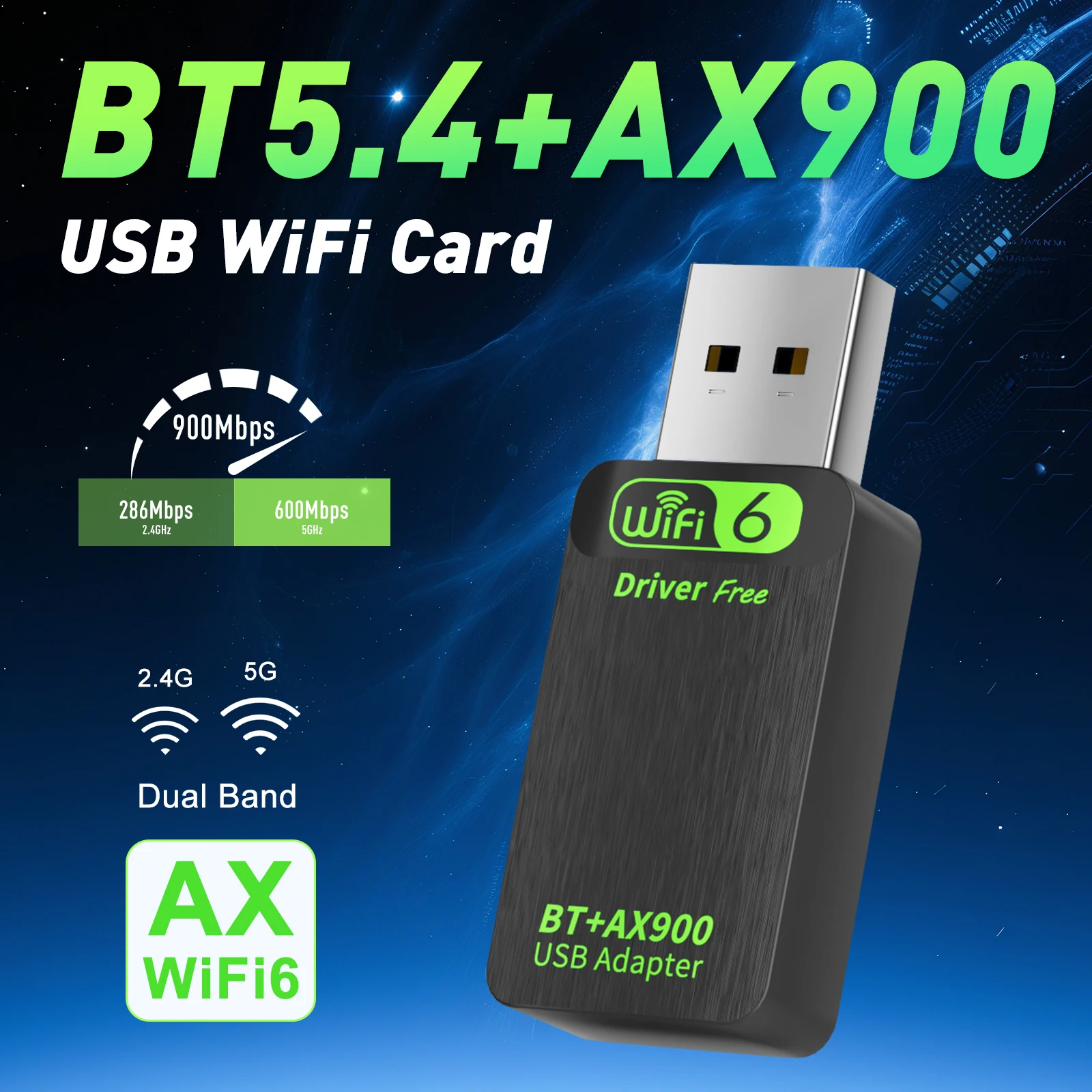 

USB-адаптер WiFi 6 AX900 Bluetooth 5.4 2-в-1, 2.4G и 5ГГц, USB-приемник Wi-Fi для ПК/ноутбука, без драйверов