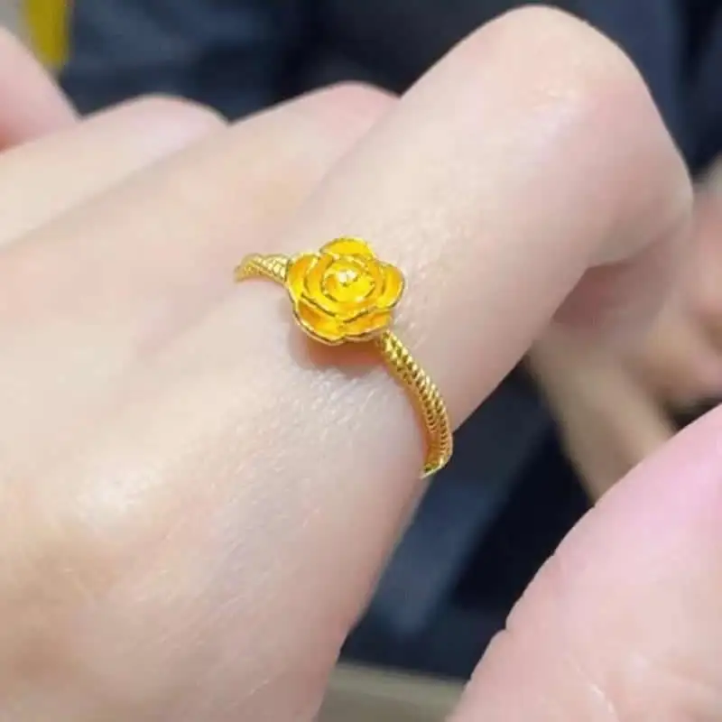 Pure 24K Yellow Gold Ring Women 999 Gold Rose Flower Can adjustable size Ring 1PCS