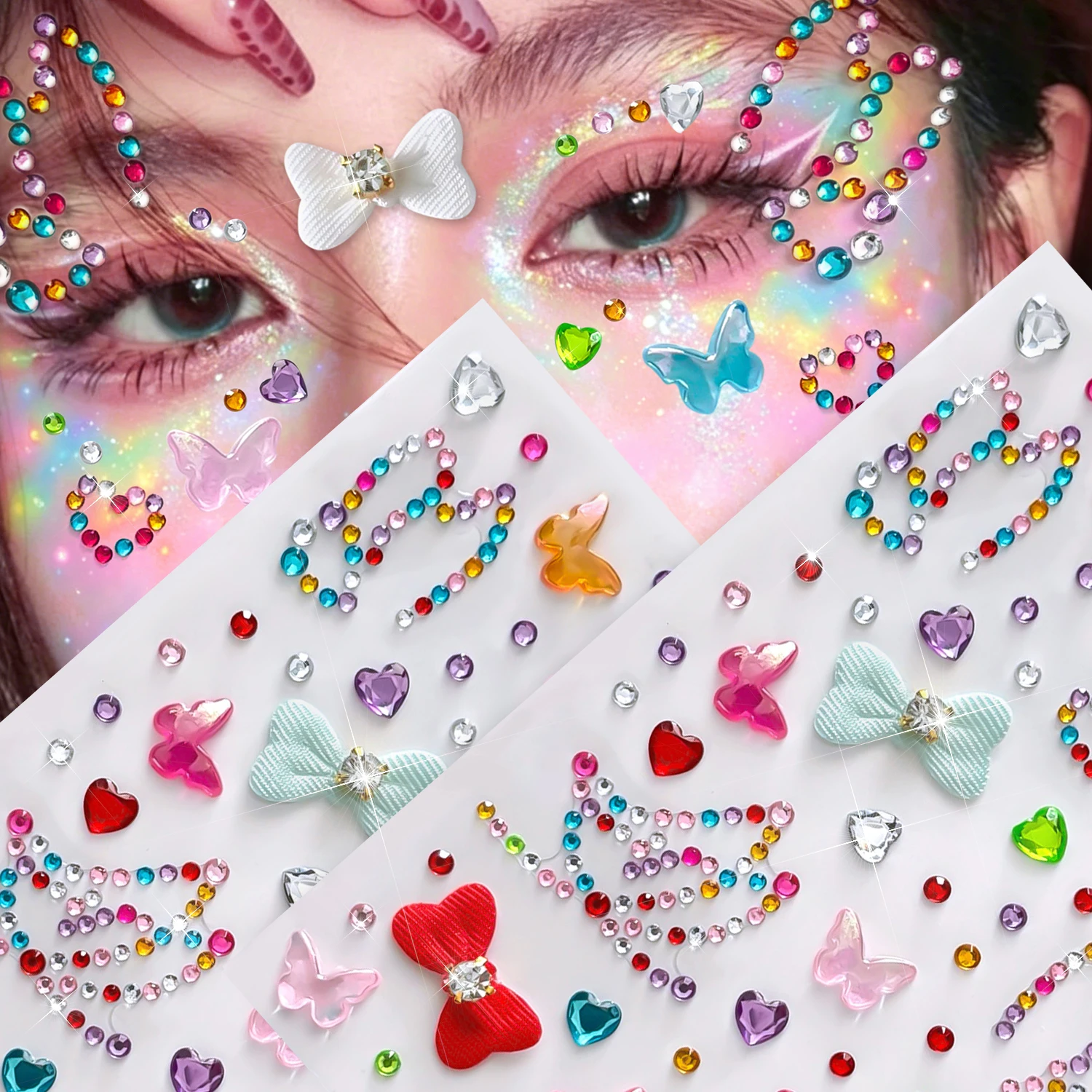 2Pcs 3D Colorful Butterfly Bow Face Gem Stickers Bow Love-Heart Self-Adhesive Rhinestone Tattoos for Eye Body Diamond Decoration