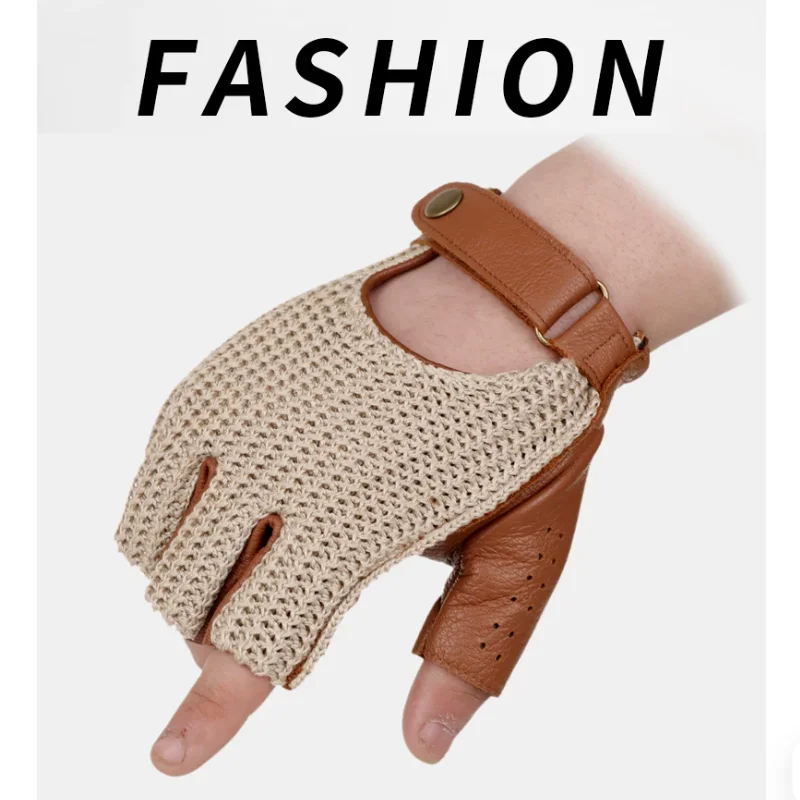 Men's and Women's Knit Back Retro Riding Motorcycle Bicycle Gloves Half-Finger Thunder Original Leather Gloves