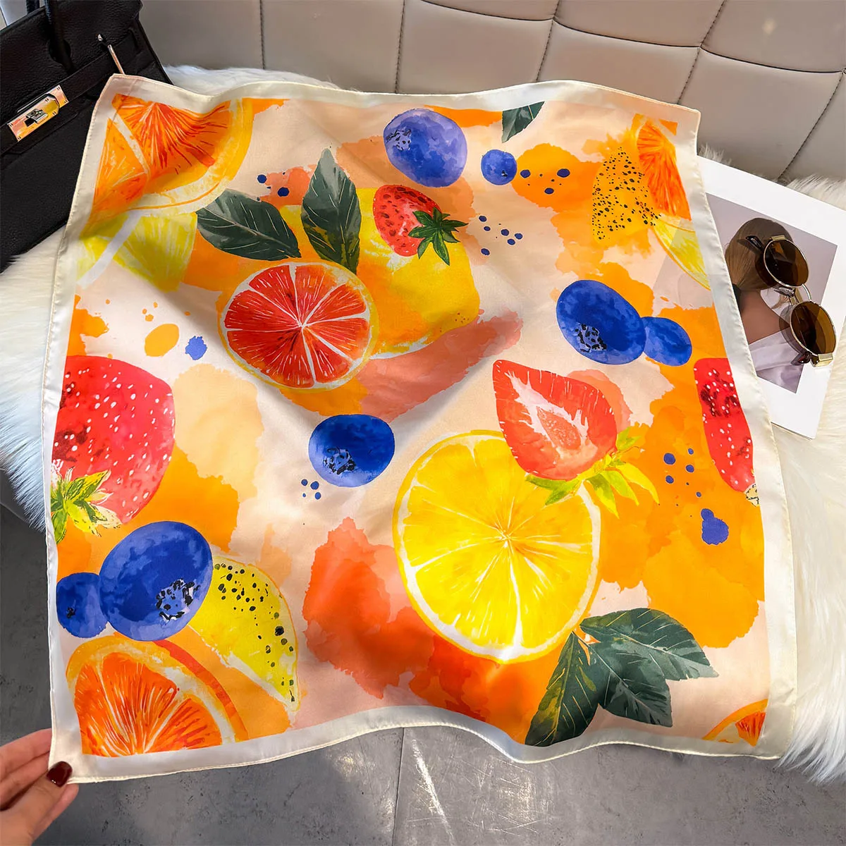 Fashion Lemon Fruit Pattern Square Silk Scarf Women Hijab All Seasons Decorate Neck Ties Soft Headscarf Foulard Bandana Neck Tie