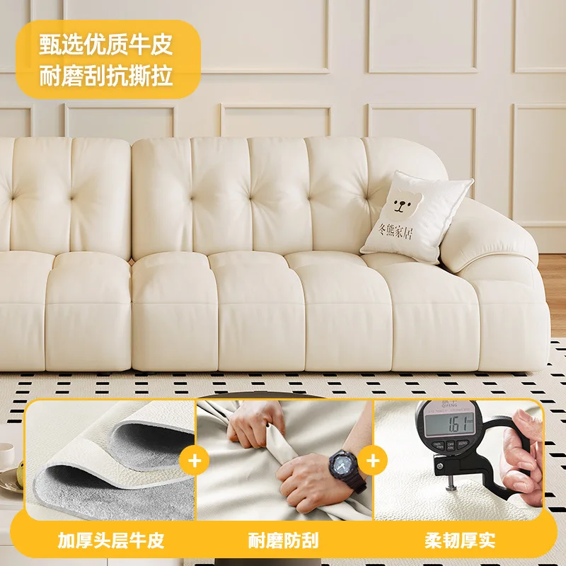 Simple modern marshmallow green leather cream style light luxury first-layer leather sofa