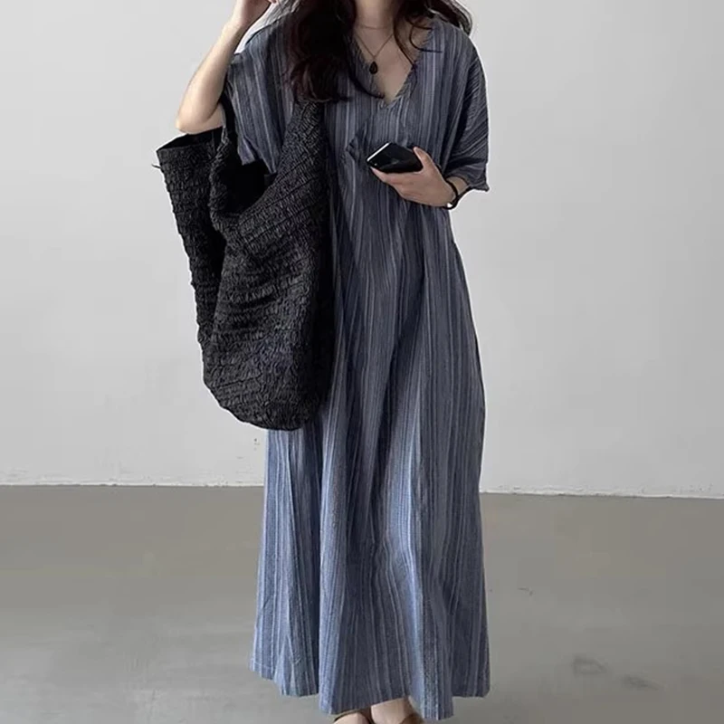 Zomer Nieuwe Dames Losse V-ne ort-sved Dr Retro Textuur Voel Lange Dr Koreaanse Sle Woon-werkverkeer Losse Taille Andere Mate...