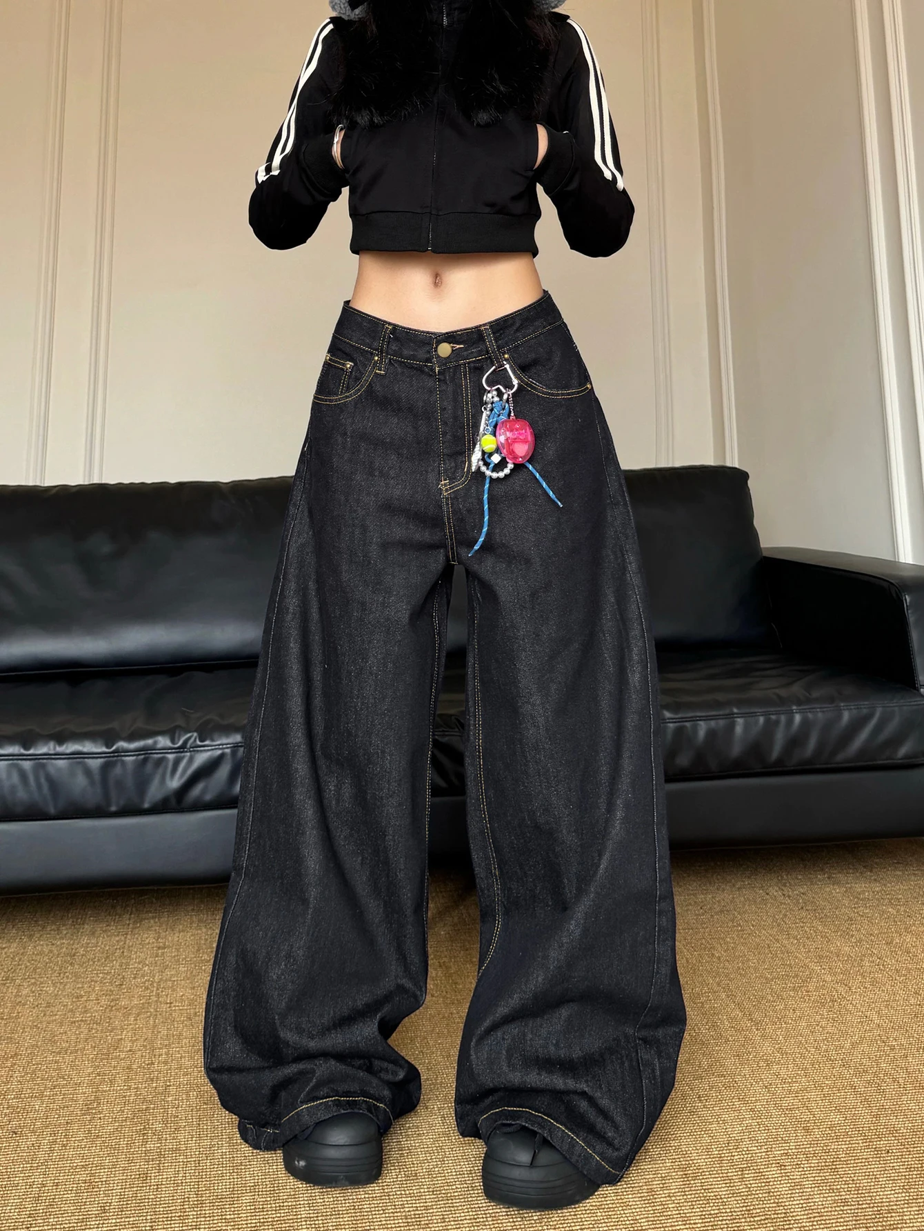 European And American Style Wide-Leg Denim Pants, Pure Color American Vintage Workwear Style, High-Waisted Draped Pants