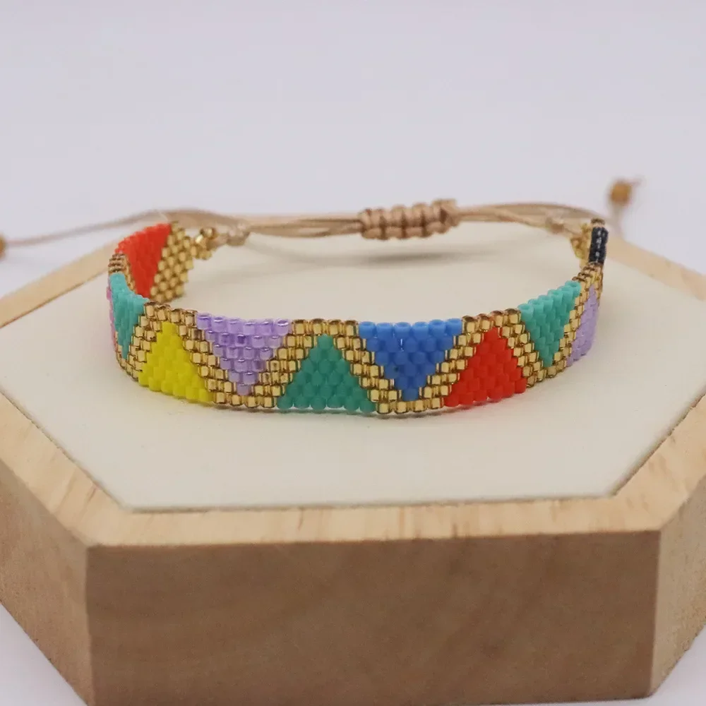 Bohemian Triangle Rainbow Gradient Color Beaded Bracelet for Women Adjustable Hand-Knitted Simple Rice Bead Jewelry