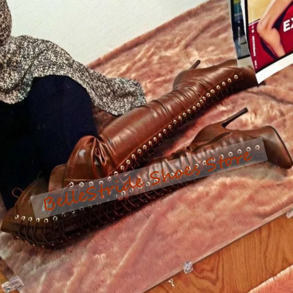 

Brown Lace up Side Zipper Boots Matte Leather Women Shoes Stilettos High Heels Party Banquet Dating 2025 Zapatos Para Mujere