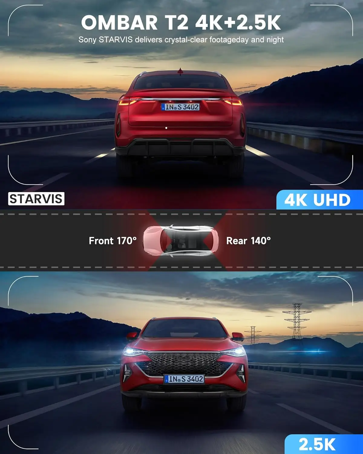 كاميرا أمامية وخلفية 4K Ultra HD للسيارة مع بطاقة 64 جيجابايت، 5G Wi-Fi، GPS، شاشة IPS 3.16 بوصة، رؤية ليلية، 170 °   زاوية واسعة، HDR، 2