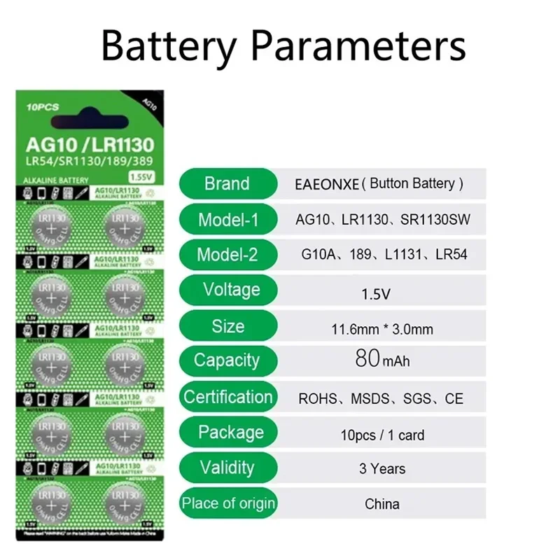 2024 NEW 10-200pcs AG10 LR54 Cell Coin 1.55V SR54 389 189 LR1130 SR1130 Alkaline Button Batteries for Watch Toys Remote