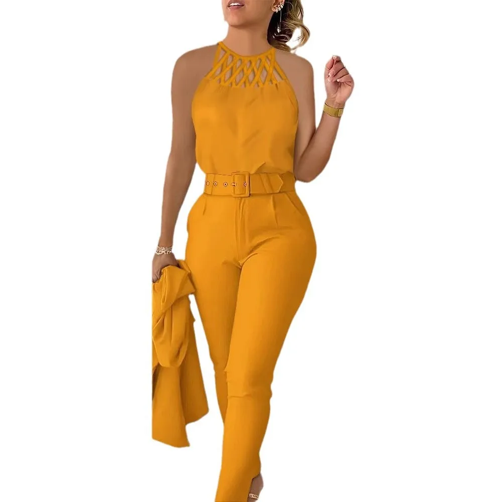 

2025 New Fashion Backless Lace Top Pocket Jumpsuit Women's Summer Casual Loose Solid Color Belt Home Shirt For Women