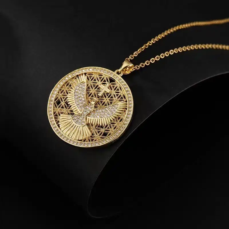 Luxury Full Pavé Dove Round Pendant Necklace 18K Gold Plated Religious Prayer Jewelry Aesthetic Hypoallergenic Chain for Women