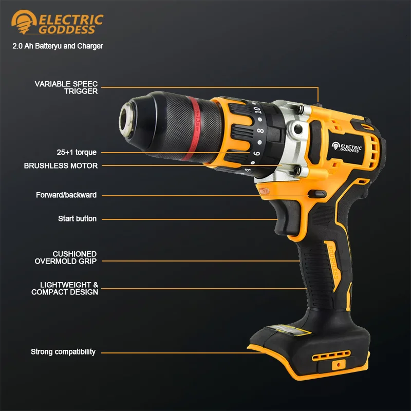 Electric Goddess DCD791 Cordless Compact Drill/Driver Brushless Motor Electric Drill Screwdriver Tool For 20V Dewalt Battery