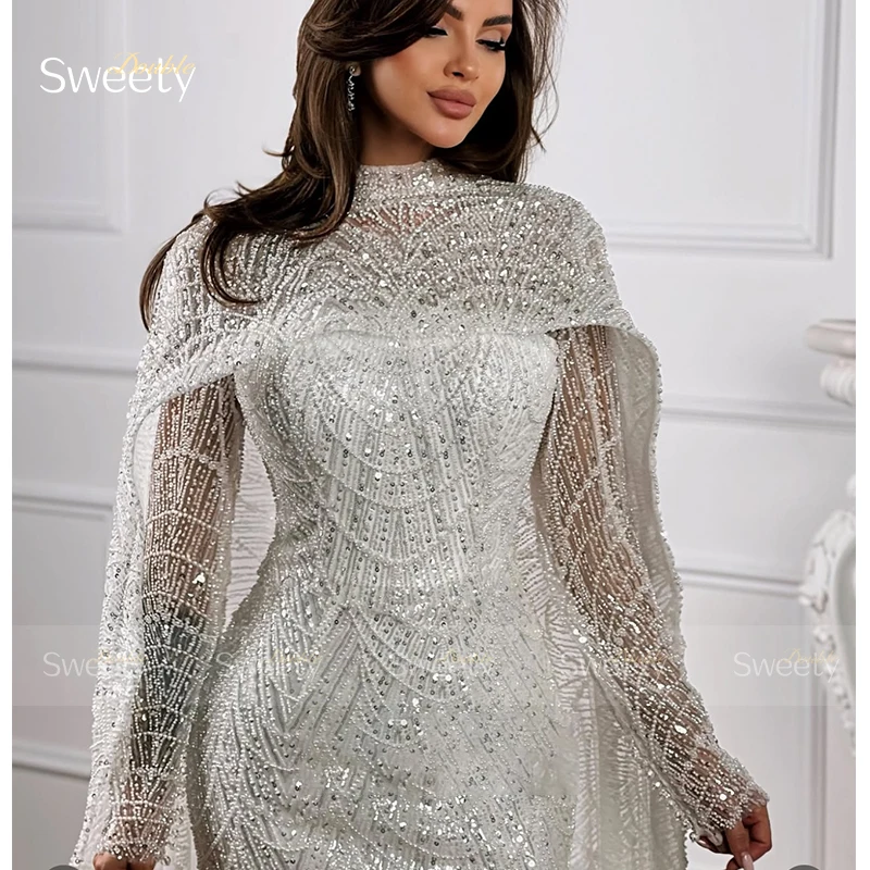 Luxuoso vestido de casamento sereia renda com miçangas vestido de baile gola alta manga cheia xale vestido de noiva personalizado novia