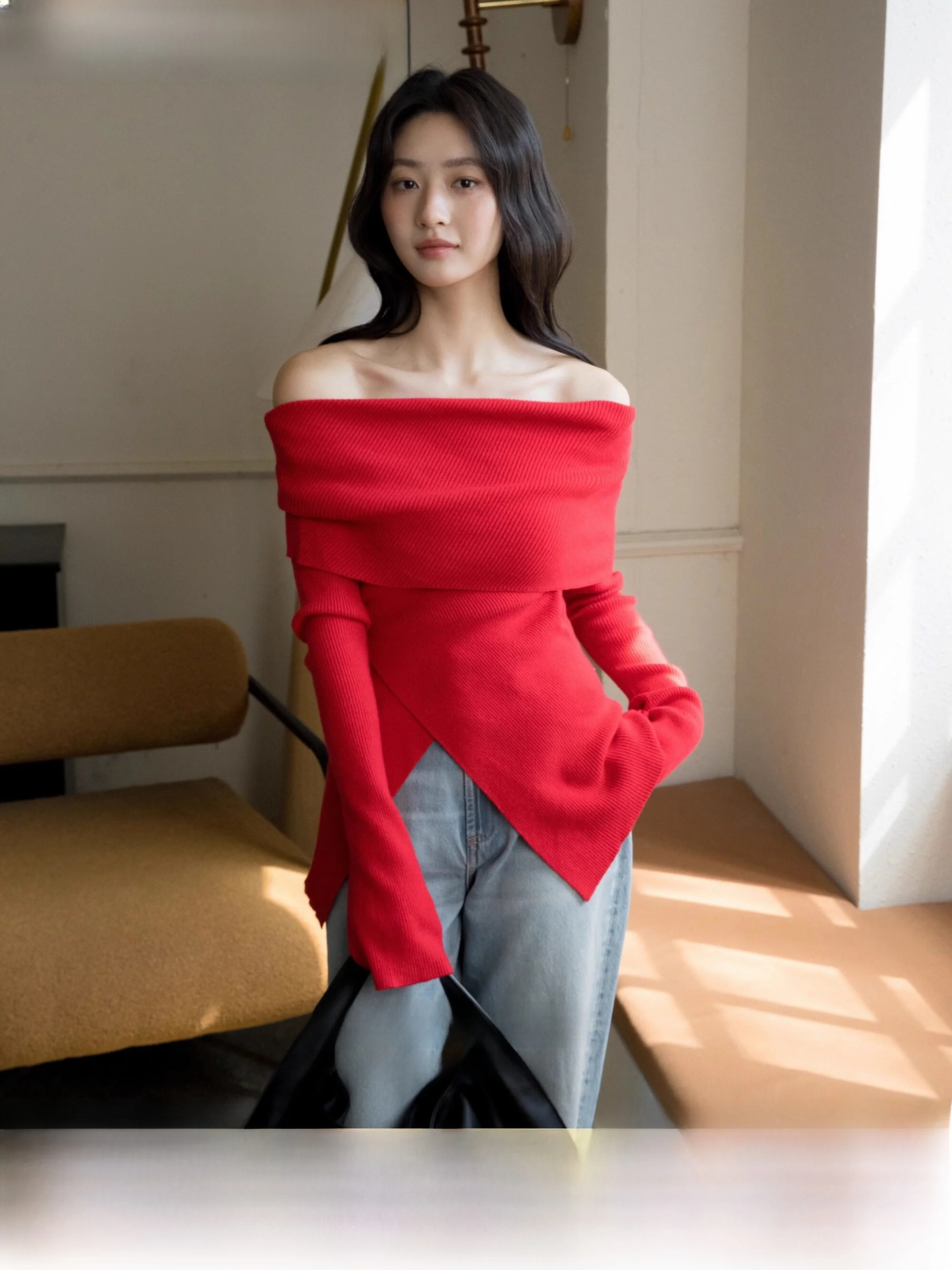 

Autumn Winter New Sle Women's Knitted One-oulder Exposure oulder Sweater Slim Fit Design Red Color Ultra Model 526
