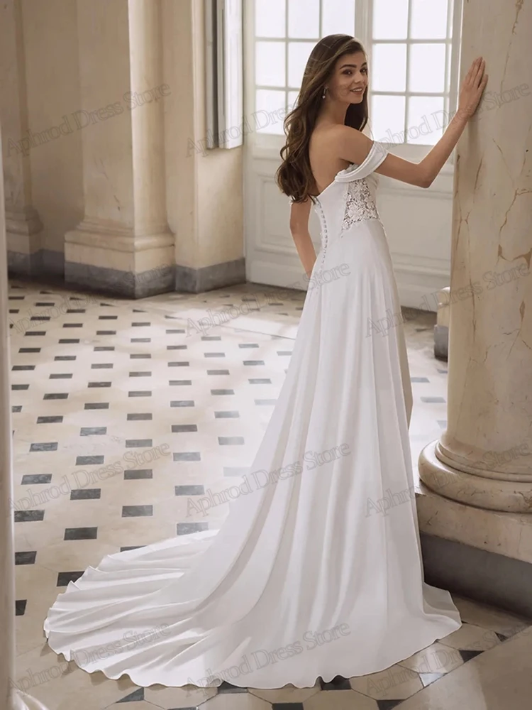 فساتين زفاف رشيقة من الساتان زي العرائس دانتيل زينة قابلة للانفصال قبالة الكتف رداء Vestidos De Novia مخصص 2026 #2