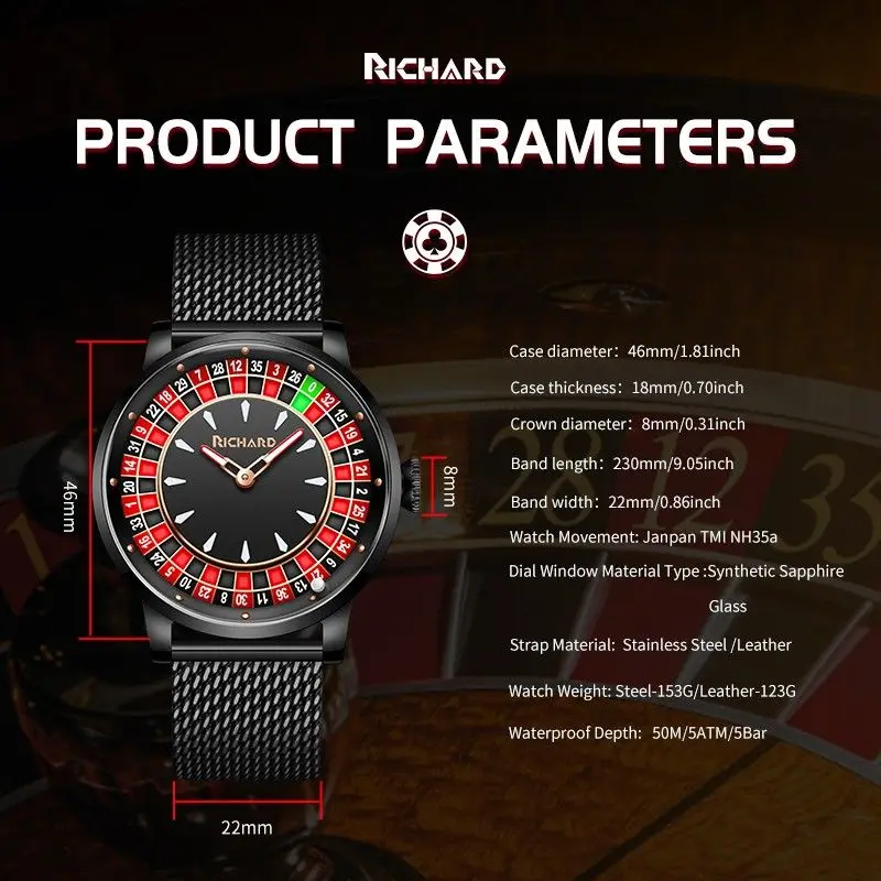 Richard New V2 Mechanical Mens Watches NH35 Rotating Dial Las Vegas Roulette Desktop Theme Automatic Watch Men Luminous Hands