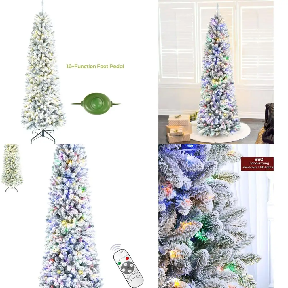 

6 Feet Pre-lit Snowy Spruce Christmas Tree with Remote Control, 250 Warm White Multi-Color Lights, Artificial Hinged for Home Ho