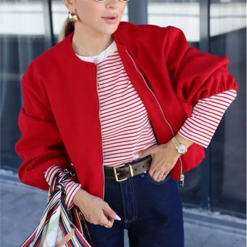 

Повседневная легкая верхняя одежда. Повседневная одежда. Осень 20220. Новая женская универсальная куртка на молнии. Мягкое пальто-бомбер с круглым воротником.
