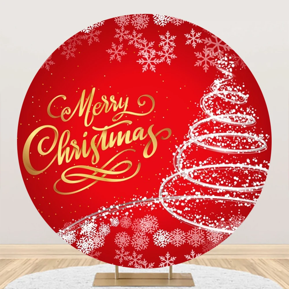 Christmas Round Backdrop Cover Red Bell Glitter Spot Snowflake Xmas Tree Kids Family Party Christmas Background for Photography