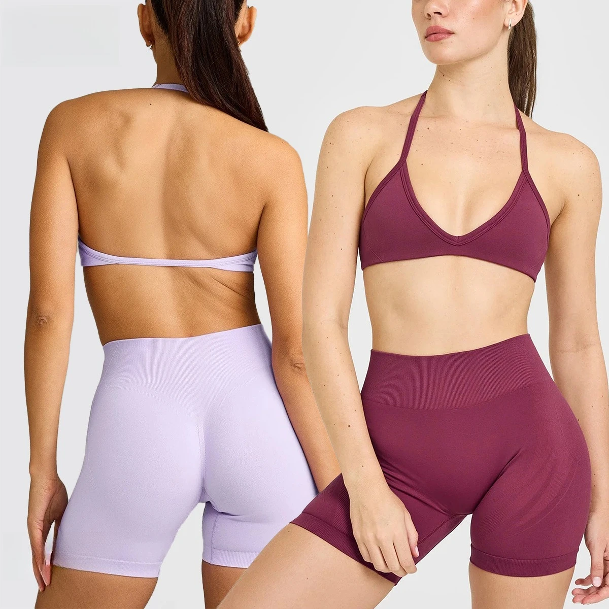 C*B Women Halter V Neck Padded Sports Bra Backless Naked Feel Yoga Top Pilates Running Gym Fitness Workout Active Training Top