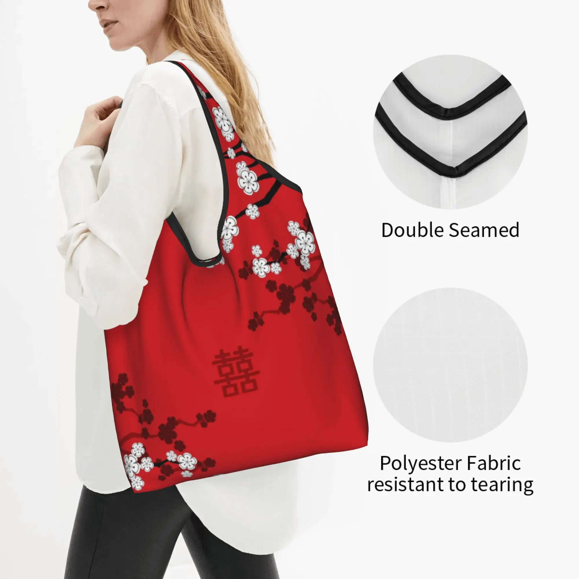 Custom Oriental Cherry Blossoms Chinese Wedding Double Happiness Shopping Bag Women  Grocery Japanese Sakura Shopper Tote Bags