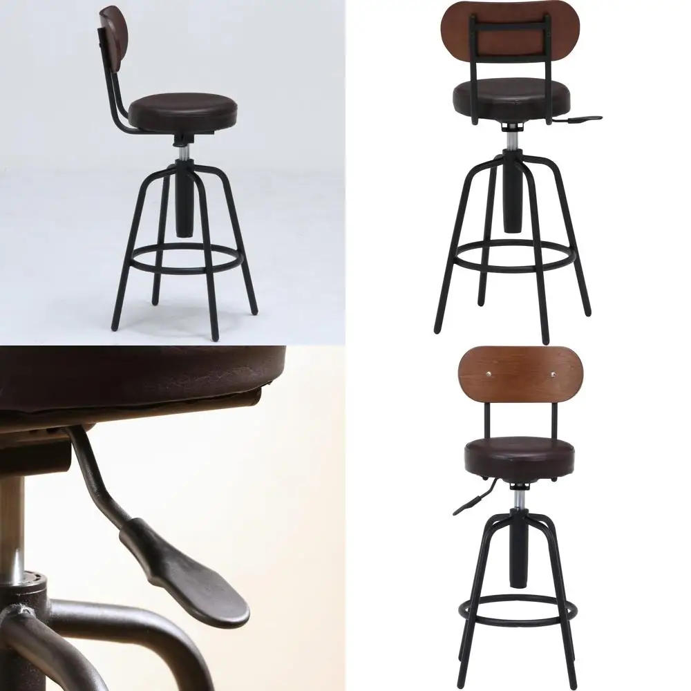 Counter Stool with Backrest, Adjustable Height, Synthetic Leather, Brown