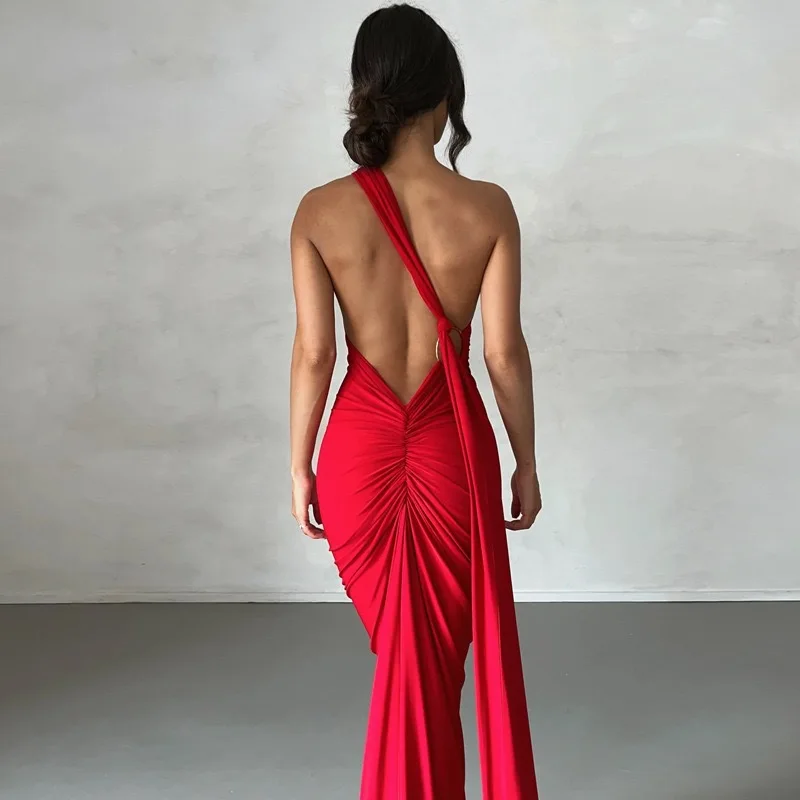 Women's One-Shoulder Sleeveless Maxi Dress Adjustable Scarf Loop Ruched Backless Bodycon Festival Party Outfit Elegant Long Gown