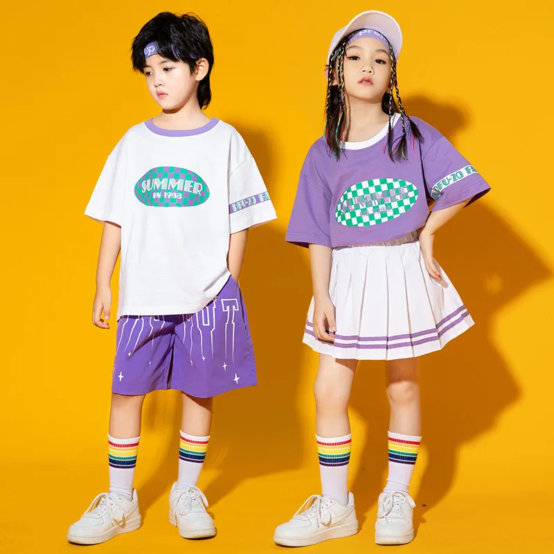 Hip Hop Boys Loose T-shirt Street Dance Graffiti Shorts Girls Tee Purple Skirts Child Streetwear Clothes Sets Kids Jazz Costumes