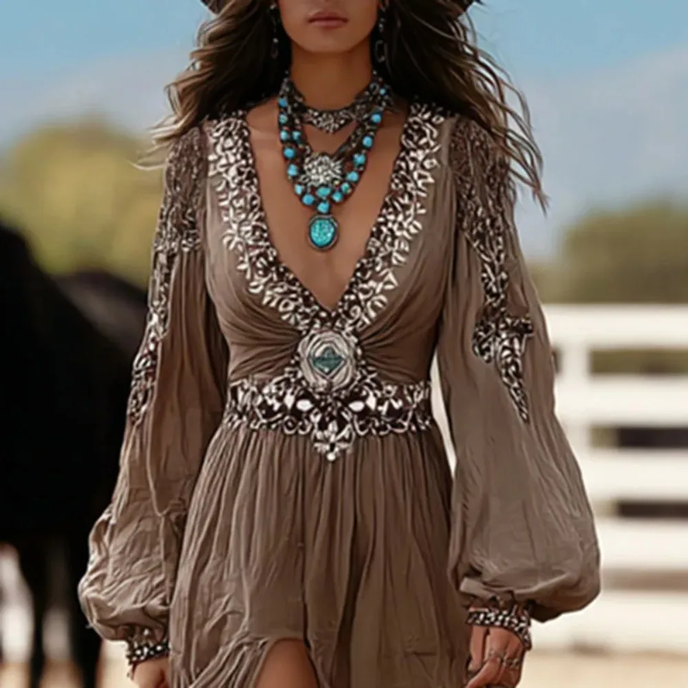 Sexy V-hals Effen Geplooide Dames Lange Jurk Retro Etnische A-lijn Lantaem Mouw Feestjurk Nieuwe Boho Print Onregelmatige Feestjurken