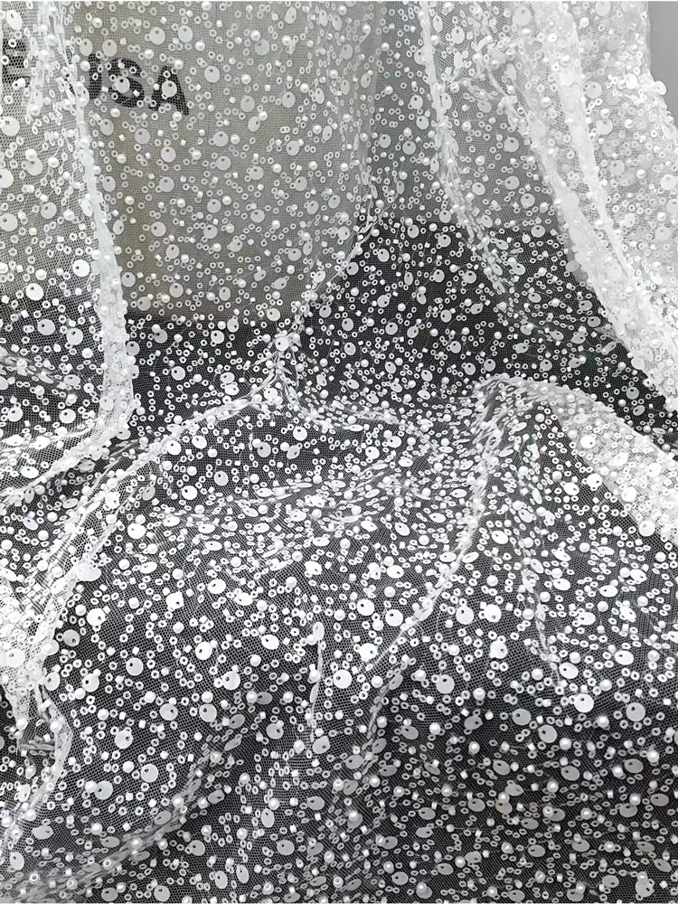 Embroidered 3mm 10mm Sequin With Bubble Beads Fabric For Wedding Dress Lace Glued Glitter Dry Mesh Wet Look Shiny Material