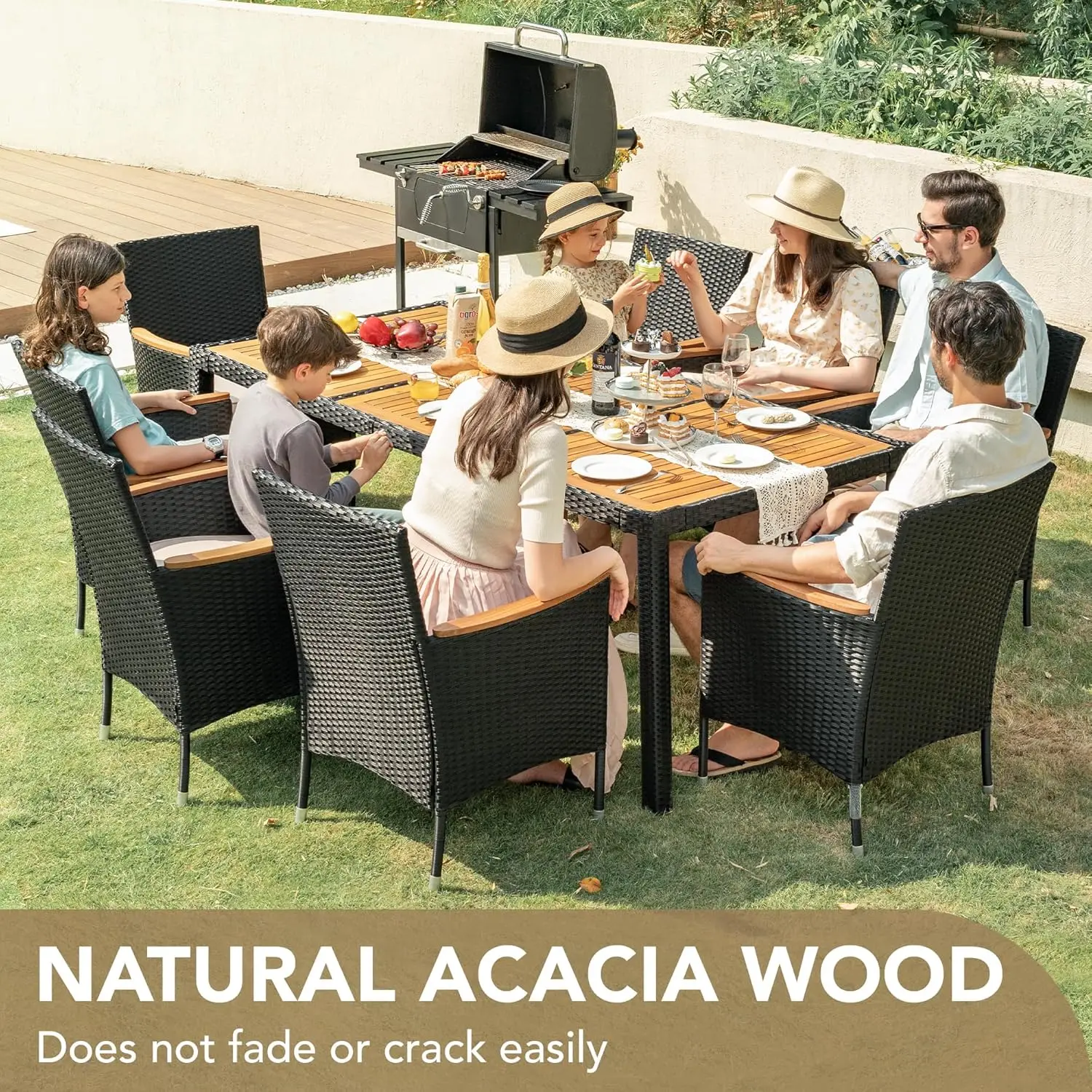 Devoko Set da pranzo per patio esterno Set tavolo da pranzo e sedie da esterno in vimini da 9 pezzi con piano in legno di acacia e braccioli allargati