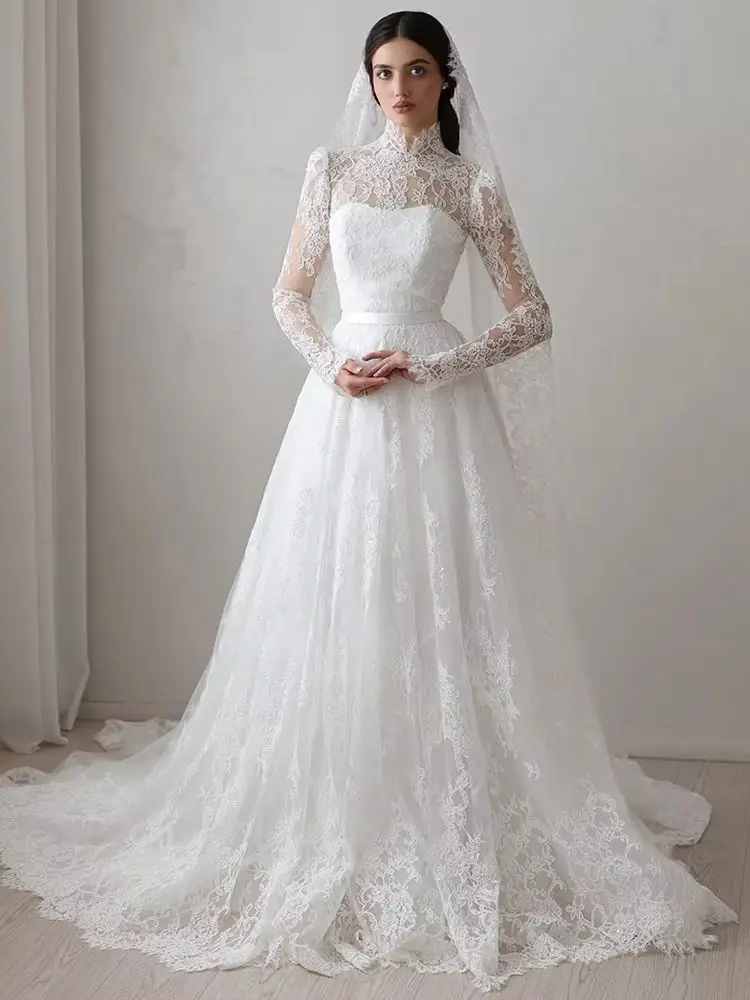 Maßgeschneidertes Arabisches Hochzeitskleid Modisches Hochgeschlossenes Langarm-Spitzen-Brautkleid mit Schleppe Arabische Brautkleider