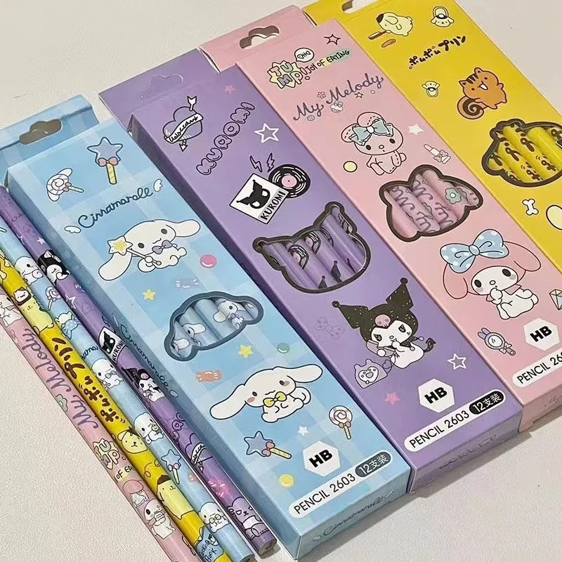 12 Peças/Caixa Lápis Sanrio Melody Kuromi Cinnamoroll HB Preto para Escrever e Desenhar, Material Escolar para Alunos do Ensino Fundamental, Presentes Escolares